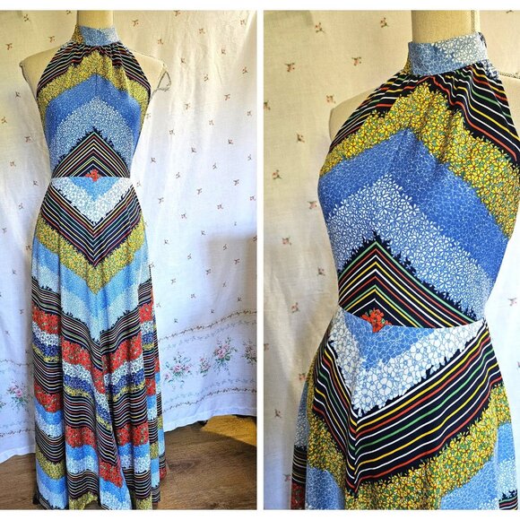 Size XS to S Vintage 1970s Halter Neck Maxi Dress - Picture 1 of 13